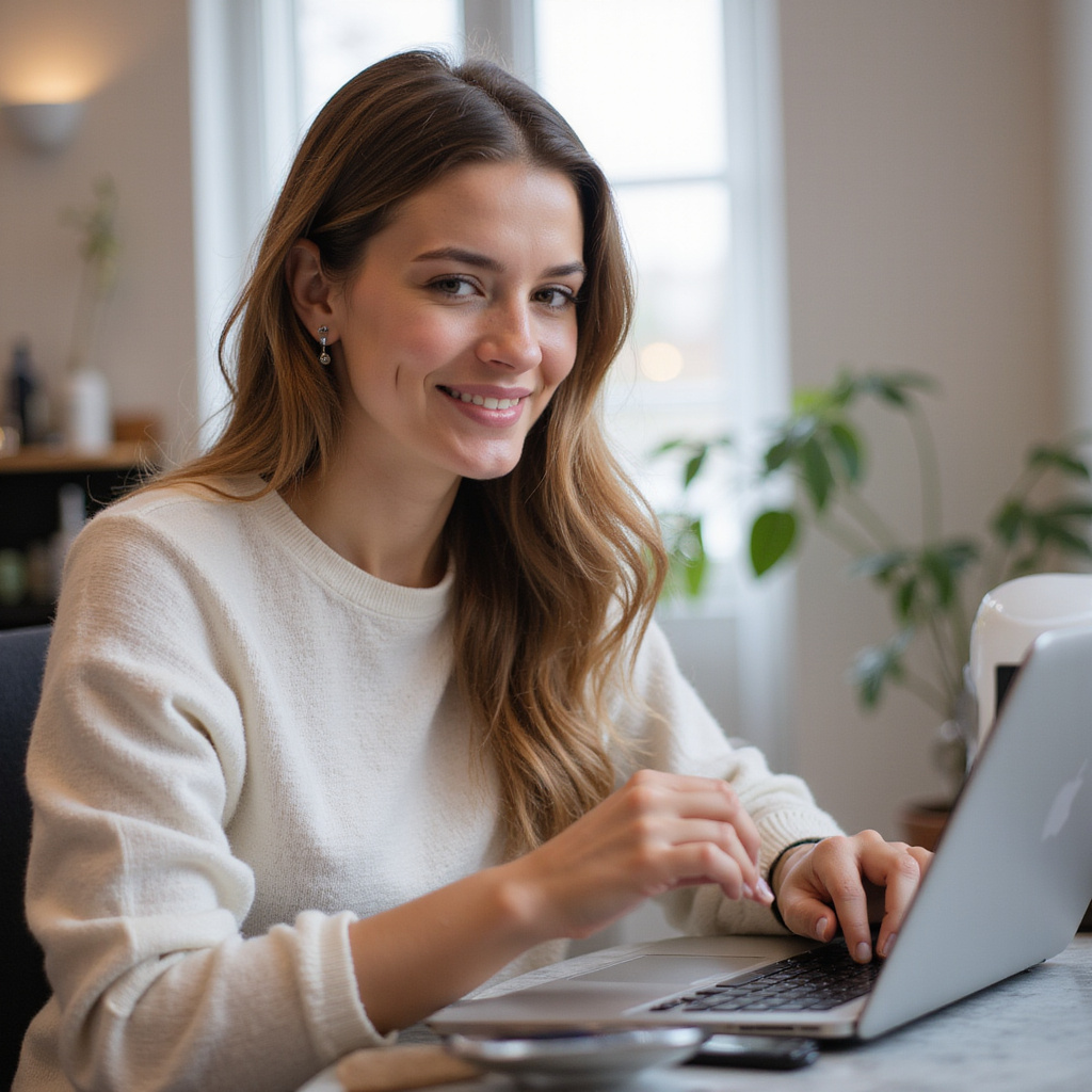Zadowolona klientka dokonująca rezerwacji online dzięki wirtualnej recepcjonistce w klinice kosmetycznej