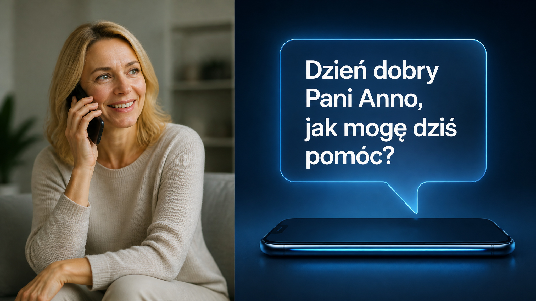 Sekretarka AI wita klientkę po imieniu w rozmowie telefonicznej: Dzień dobry Pani Anno, jak mogę pomóc