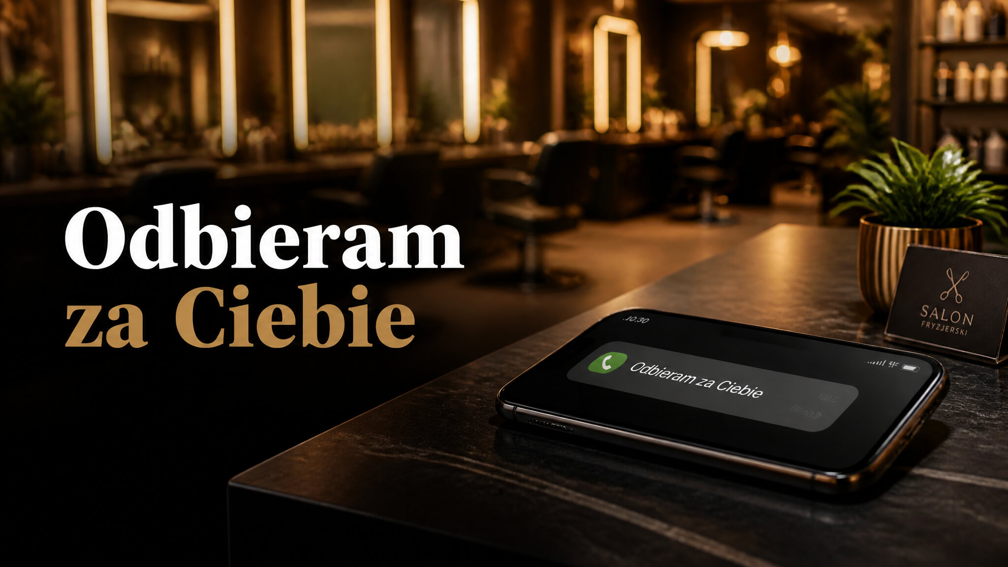 Telefon na ladzie salonu fryzjerskiego z powiadomieniem &bdquo;Odbieram za Ciebie&rdquo;, sekretarka AI odbiera połączenia za właściciela