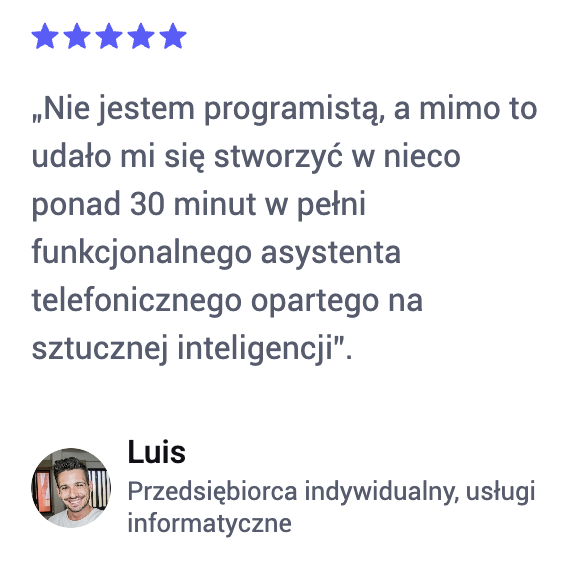 Zrzut ekranu autentycznej opinii użytkownika o telefonicznej asystentce AI